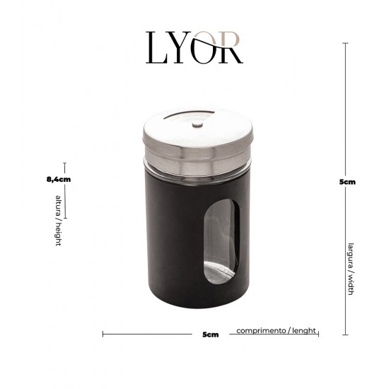 Porta Condimentos 80ml Preto De Vidro e Inox Com Tampa Dosadora